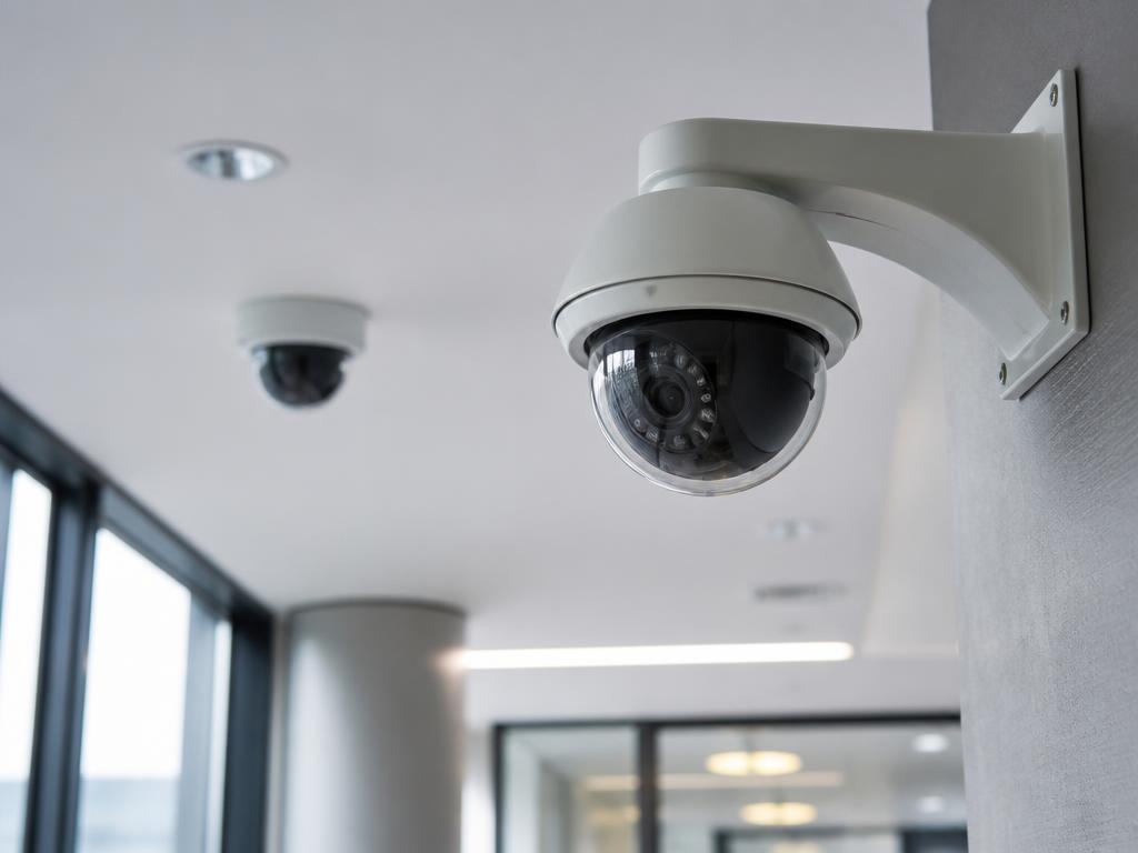 Professional surveillance camera mounted on a commercial building