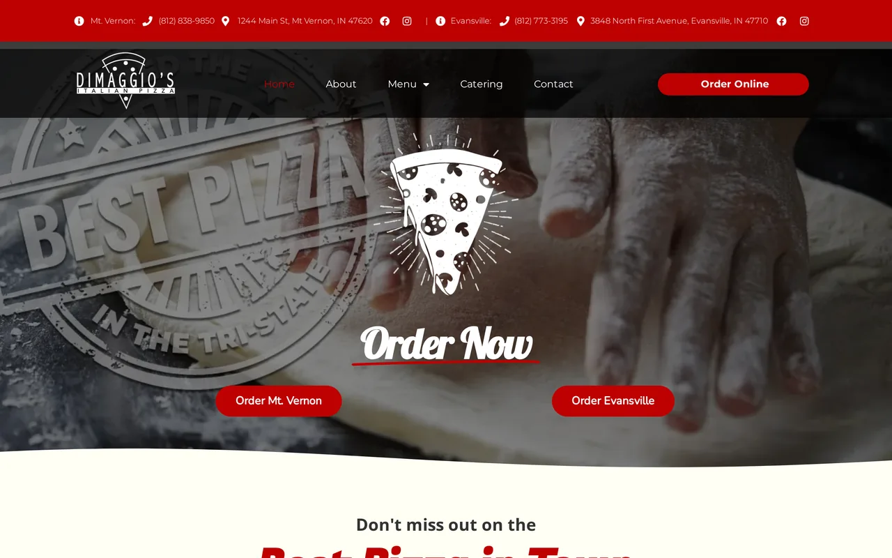 Homepage of the DiMaggio's Pizza website designed by Mayer Branding