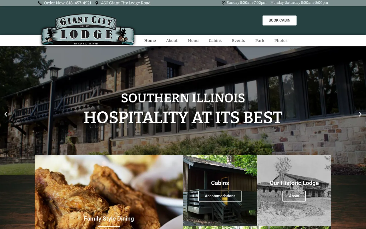 Homepage of the Giant City Lodge website designed by Mayer Branding