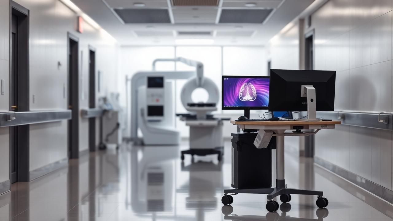 Computer workstation on wheels in a modern clinic imaging corridor