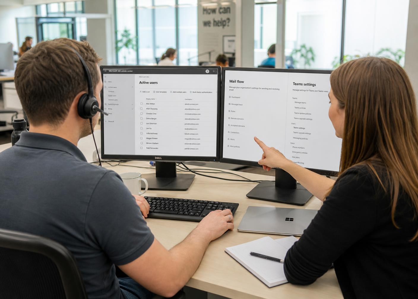 Two Mayer Networks support specialists working through a Microsoft 365 admin console showing active users, mail flow and Teams settings
