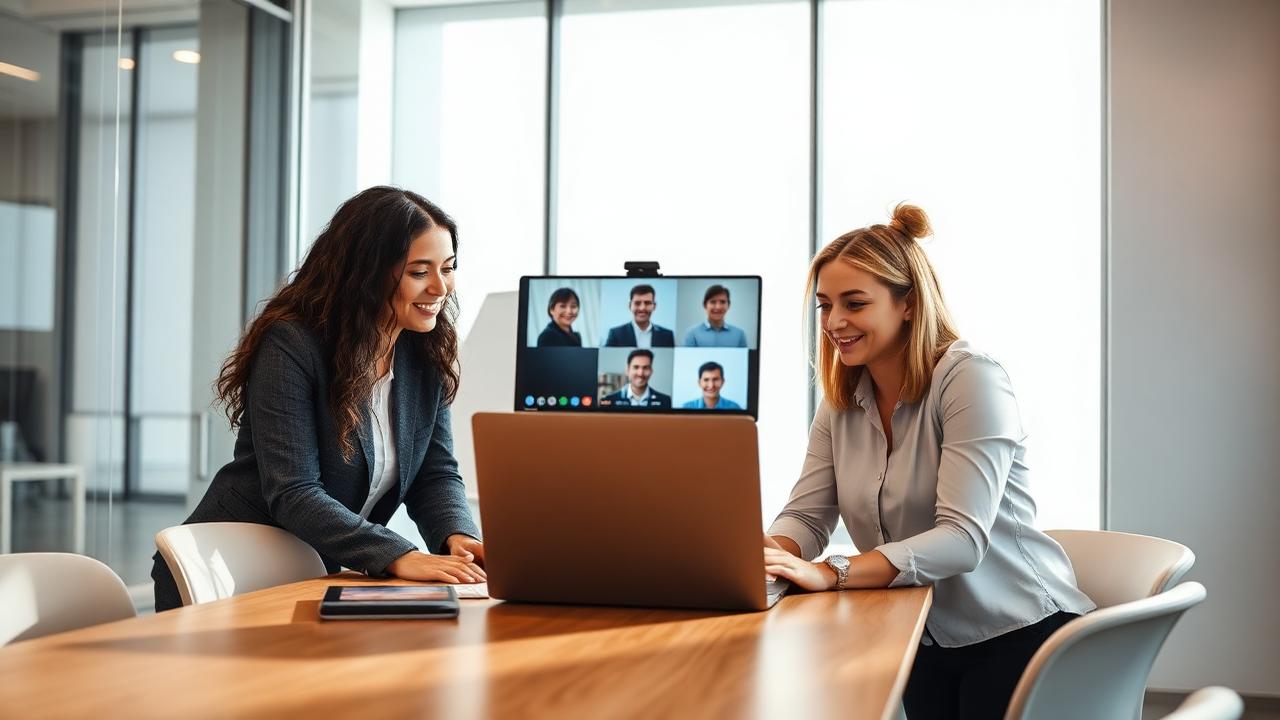 Colleagues collaborating over a laptop during a video call in a meeting room