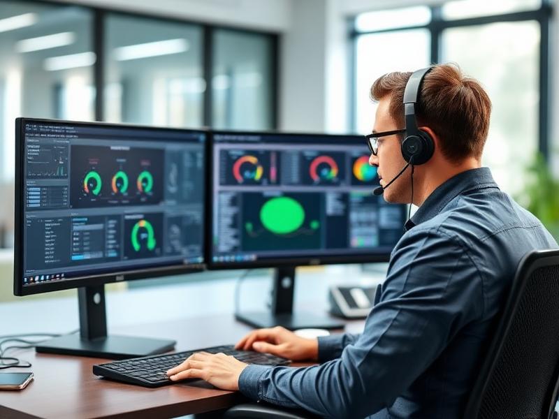 Support technician monitoring dashboards while wearing a headset