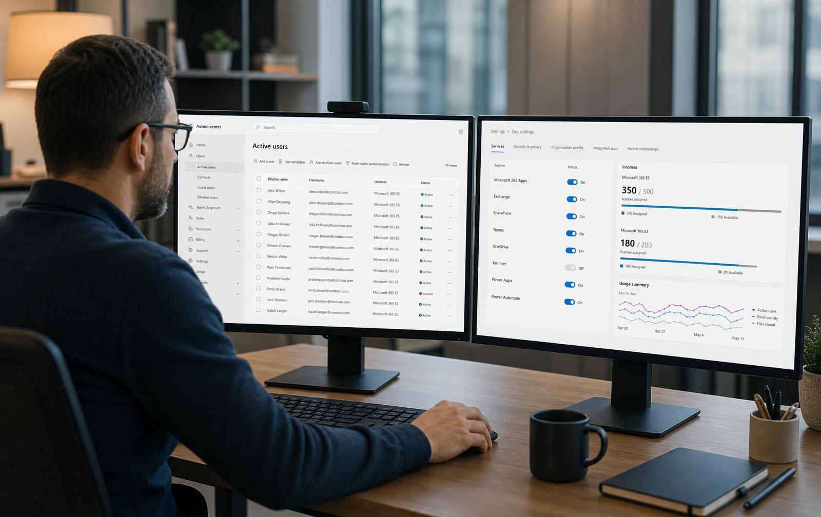 Administrator reviewing Microsoft 365 admin center screens showing active users, license assignment and tenant service settings